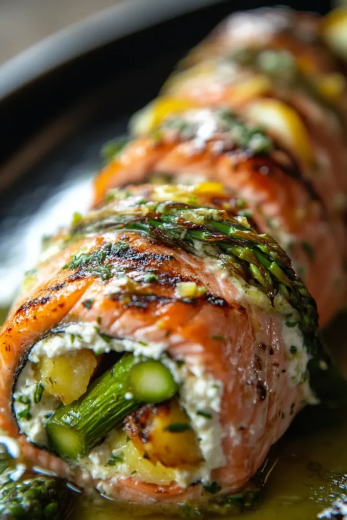 Asparagus and Lemon Basil Ricotta Stuffed Salmon Rolls
