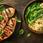 Chargrilled Chicken with Parmesan Snap Peas and Creamy Orzo