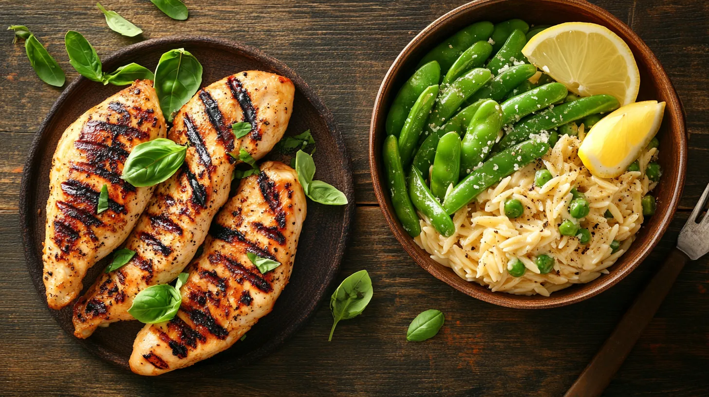 Chargrilled Chicken with Parmesan Snap Peas and Creamy Orzo
