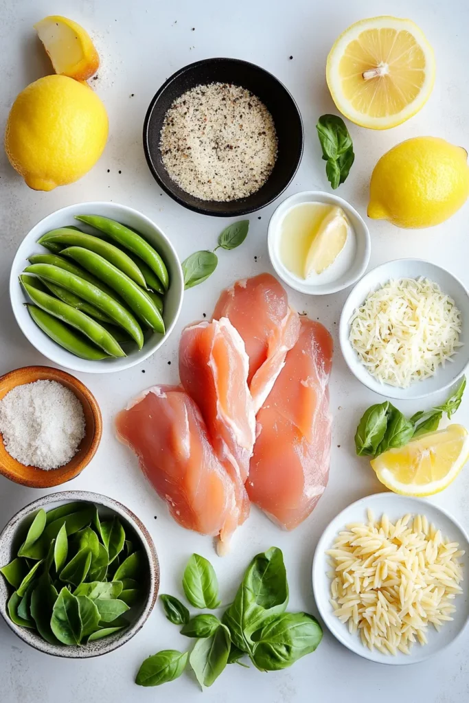 Chargrilled Chicken with Parmesan Snap Peas and Creamy Orzo