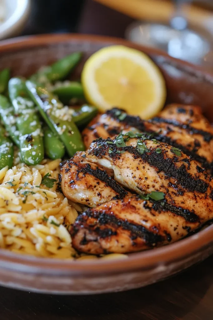 Chargrilled Chicken with Parmesan Snap Peas and Creamy Orzo