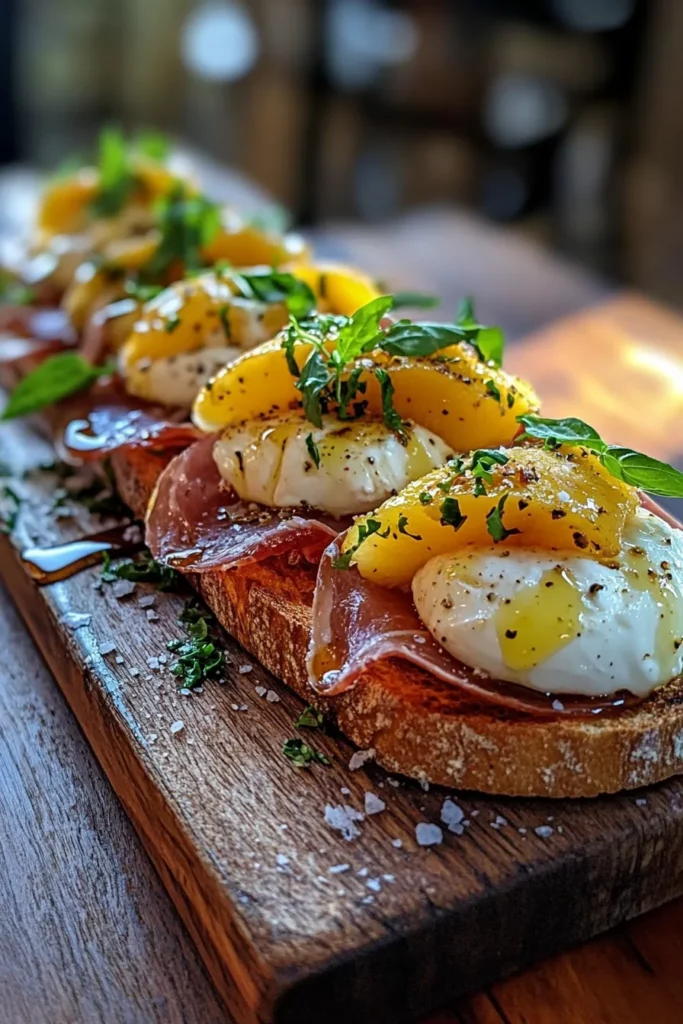 Cheesy Burrata Crostini with Prosciutto and Peaches