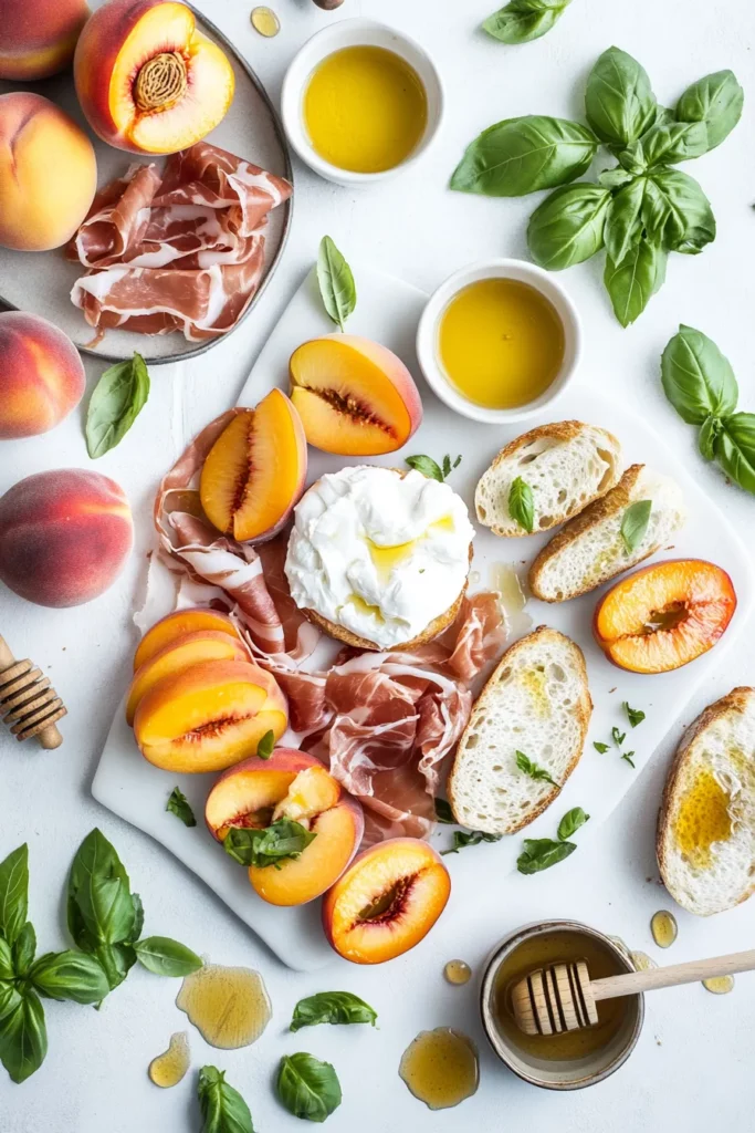 Cheesy Burrata Crostini with Prosciutto and Peaches