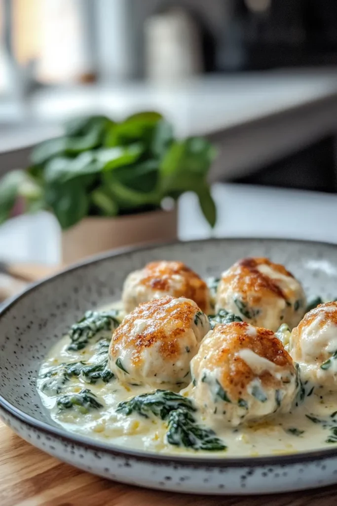 Chicken Ricotta Meatballs with Spinach Alfredo Sauce