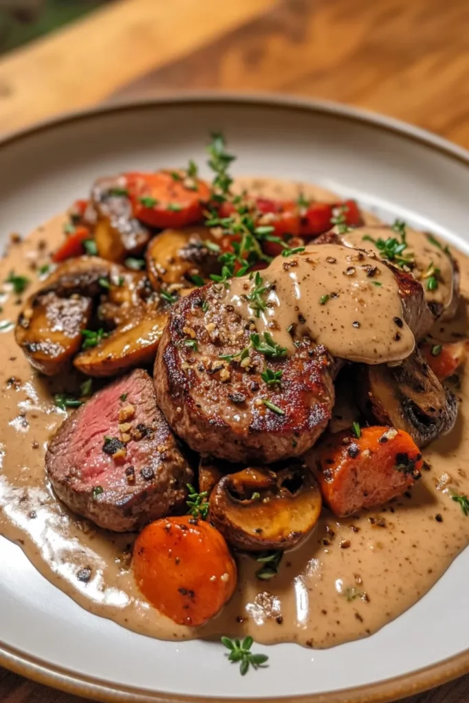 Creamy Garlic Parmesan Roasted Venison with Sautéed Portobello Medley