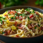 Creamy Loaded Bacon Cheeseburger Alfredo Pasta