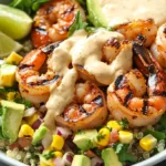 Grilled Shrimp Bowl with Avocado Corn Salsa and Creamy Garlic Sauce