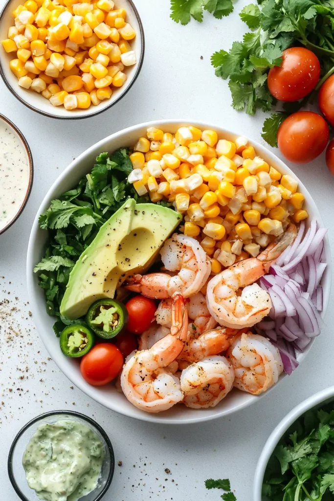 Grilled Shrimp Bowl with Avocado Corn Salsa and Creamy Garlic Sauce