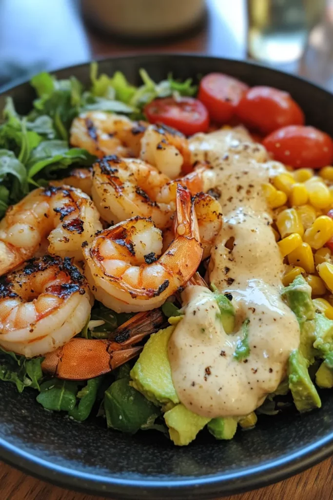 Grilled Shrimp Bowl with Avocado Corn Salsa and Creamy Garlic Sauce