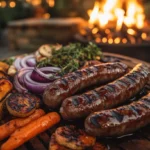 Grilled Venison Sausages over Charred Root Veggies and Honey Thyme Drizzle