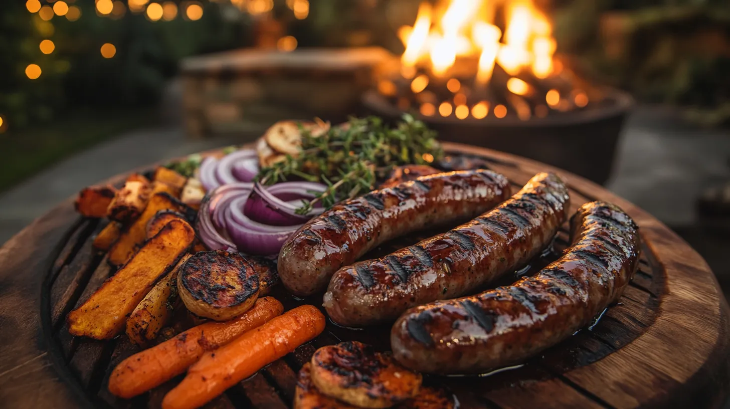 Grilled Venison Sausages over Charred Root Veggies and Honey Thyme Drizzle