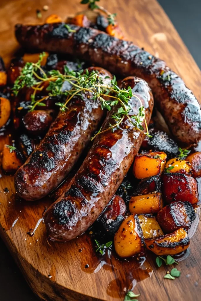 Grilled Venison Sausages over Charred Root Veggies and Honey Thyme Drizzle