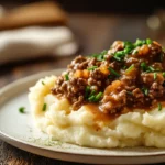 Ground Beef with Savory Gravy Poured Over Buttery Mashed Potatoes