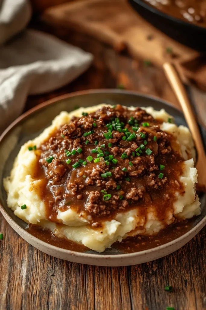Ground Beef with Savory Gravy Poured Over Buttery Mashed Potatoes
