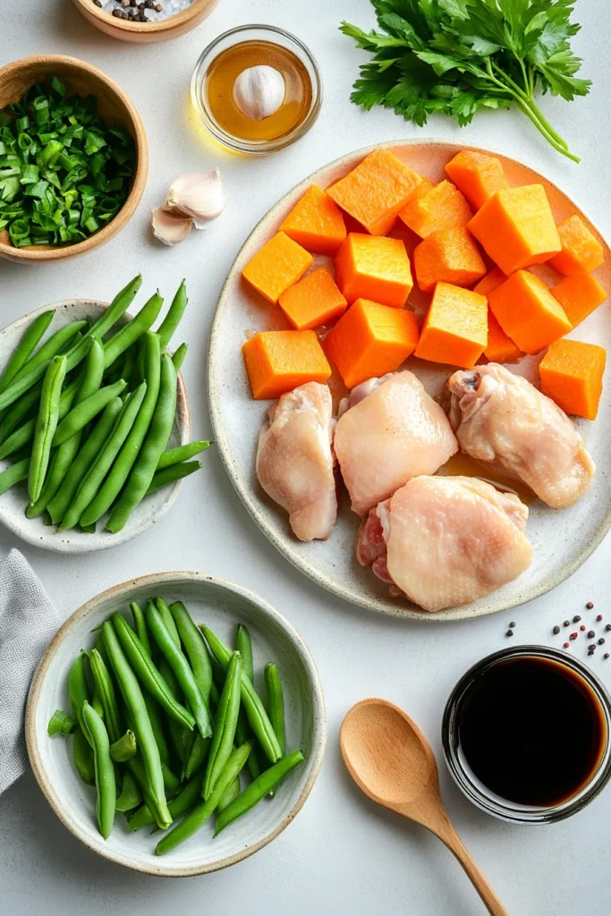 Honey Garlic Chicken with Sweet Potatoes and Green Beans