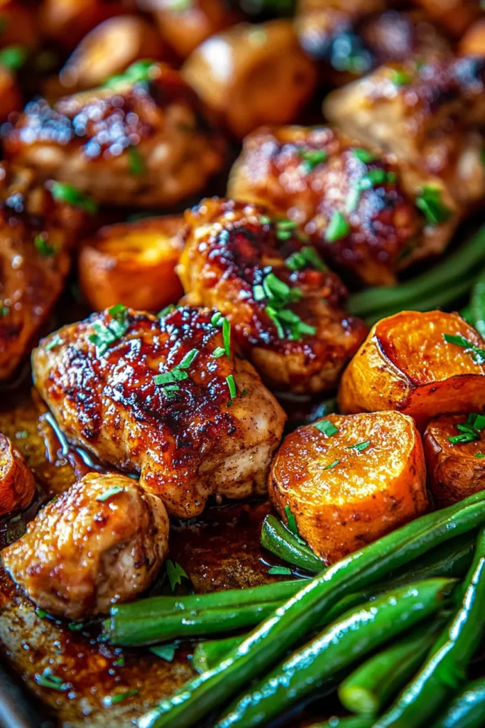 Honey Garlic Chicken with Sweet Potatoes and Green Beans