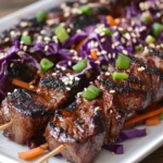 Korean Bulgogi Beef Skewers with Sesame Scallion Slaw