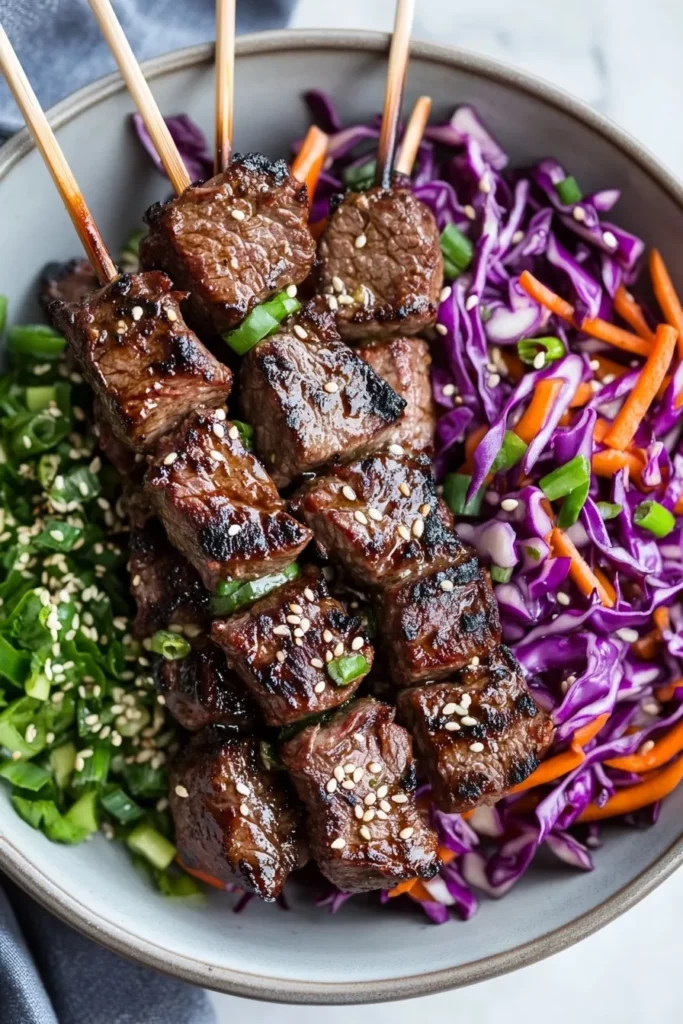 Korean Bulgogi Beef Skewers with Sesame Scallion Slaw