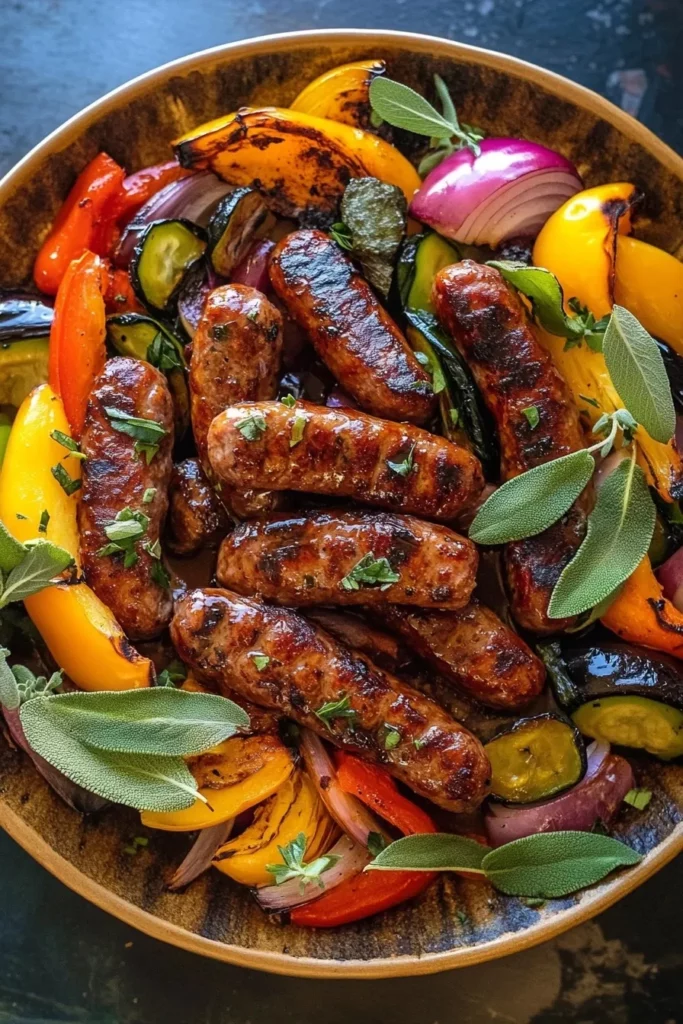 Maple Glazed Venison Sausages with Rainbow Veggies and Crispy Sage