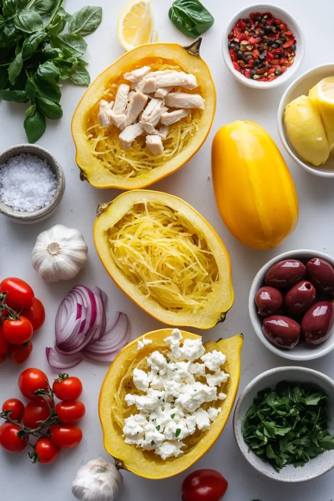 Mediterranean Chicken Spaghetti Squash Boats