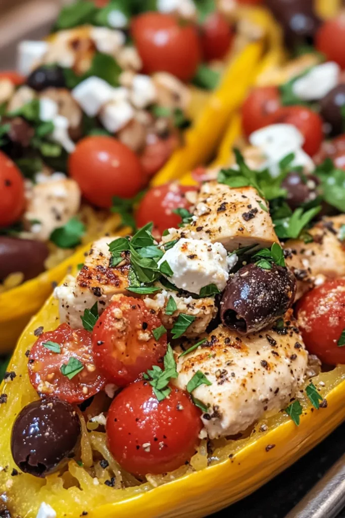 Mediterranean Chicken Spaghetti Squash Boats