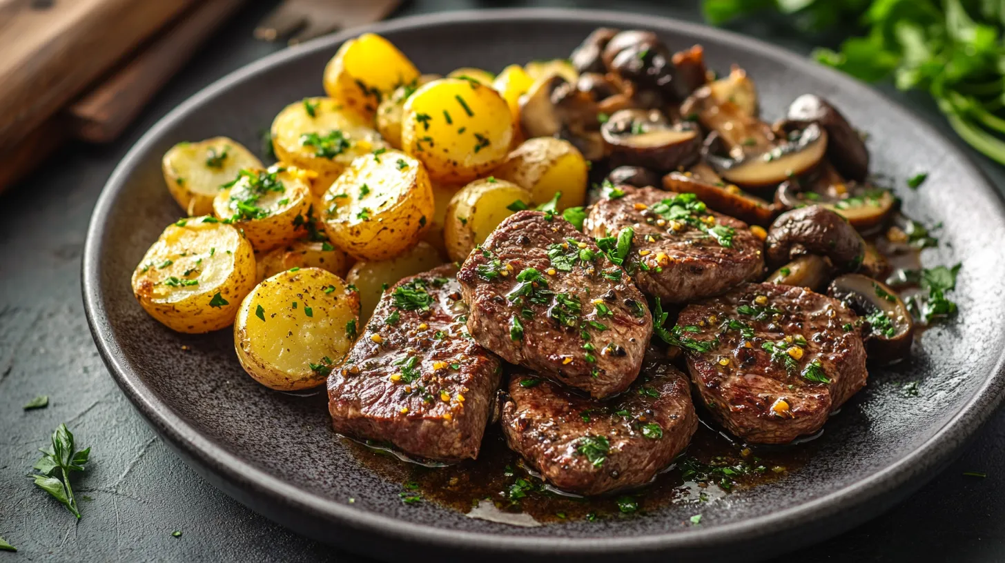 Pan-Roasted Venison with Herbed New Potatoes and Wild Mushroom Jus