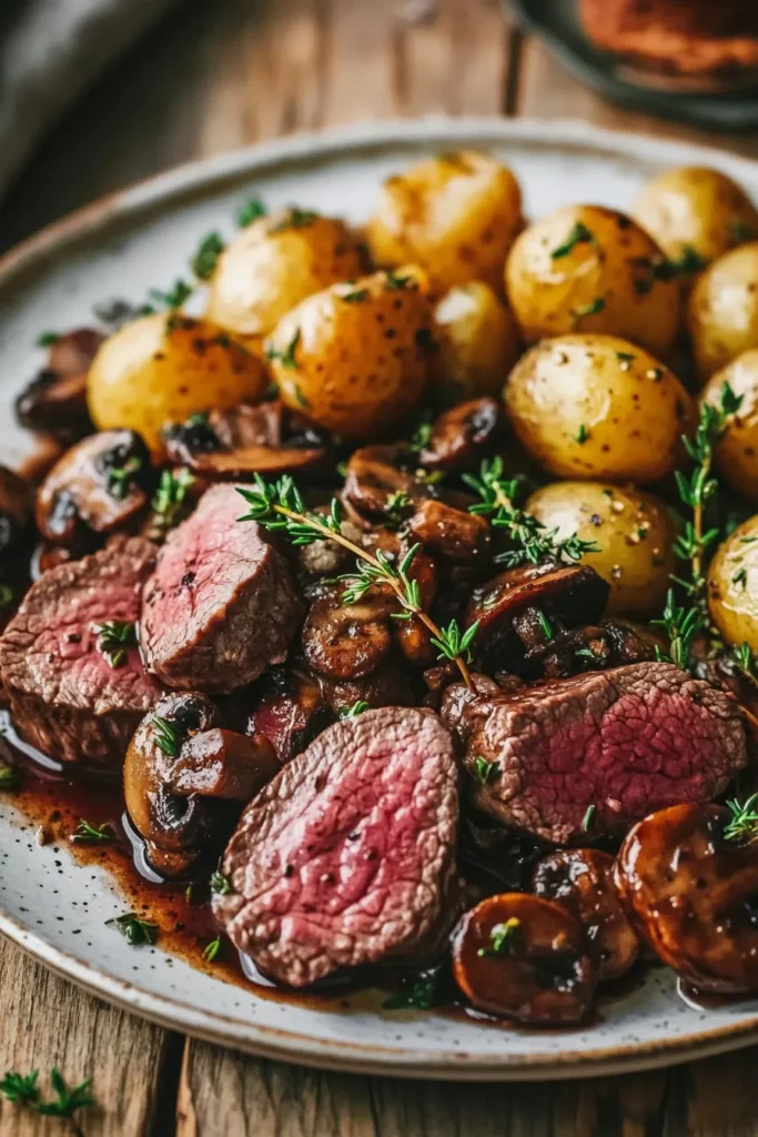 Pan-Roasted Venison with Herbed New Potatoes and Wild Mushroom Jus