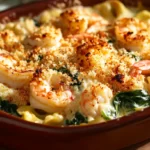 Rich Shrimp and Spinach Tortellini Alfredo Casserole
