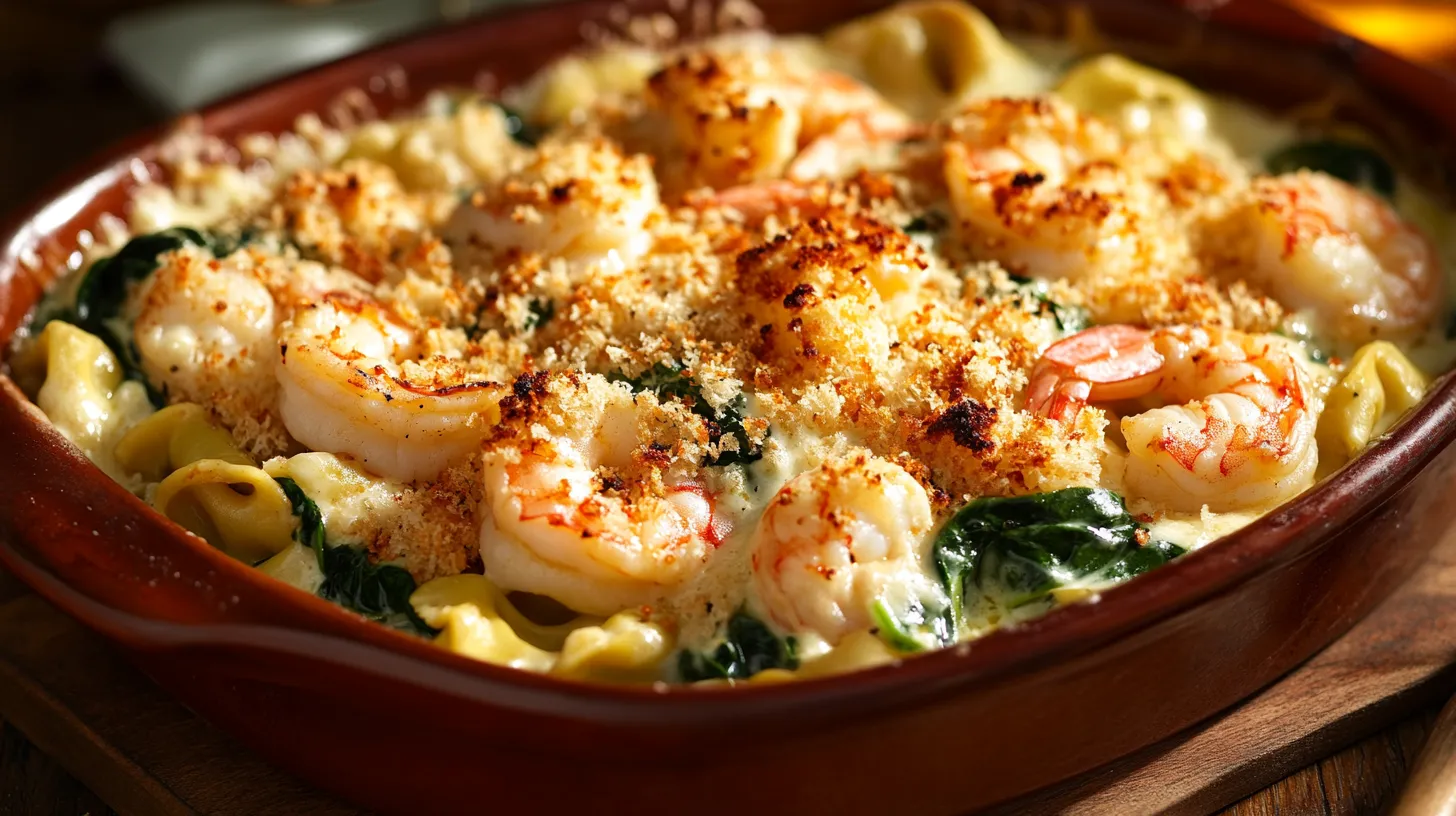 Rich Shrimp and Spinach Tortellini Alfredo Casserole