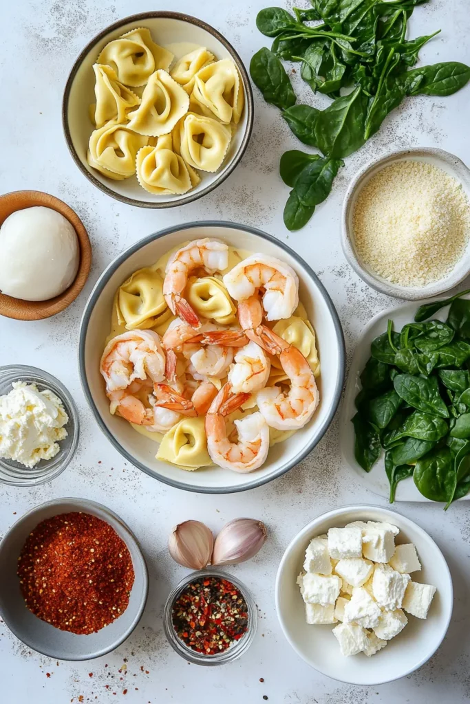 Rich Shrimp and Spinach Tortellini Alfredo Casserole
