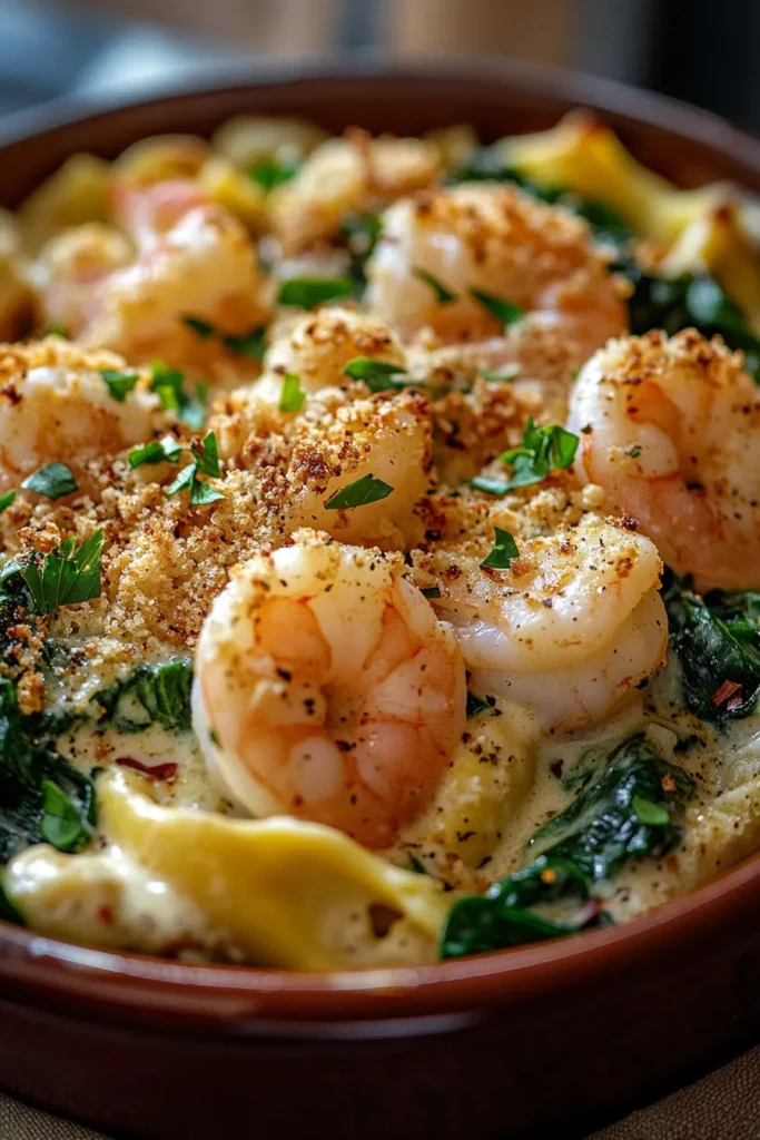 Rich Shrimp and Spinach Tortellini Alfredo Casserole
