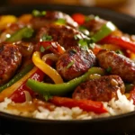 Sausage Onion and Bell Peppers over Rice
