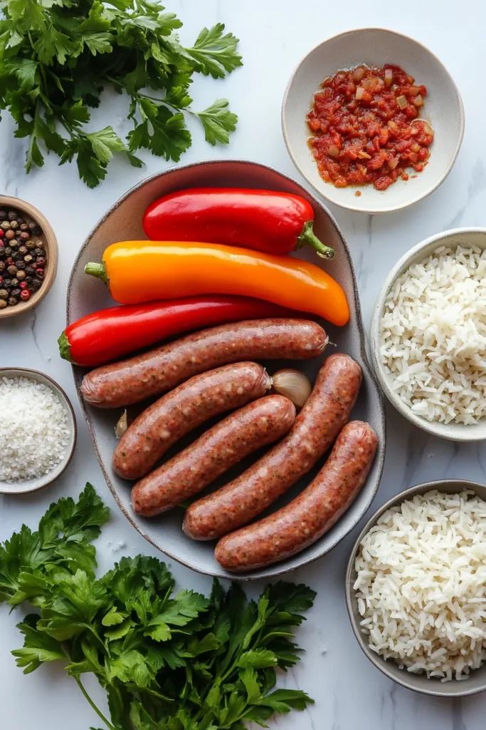 Sausage Onion and Bell Peppers over Rice