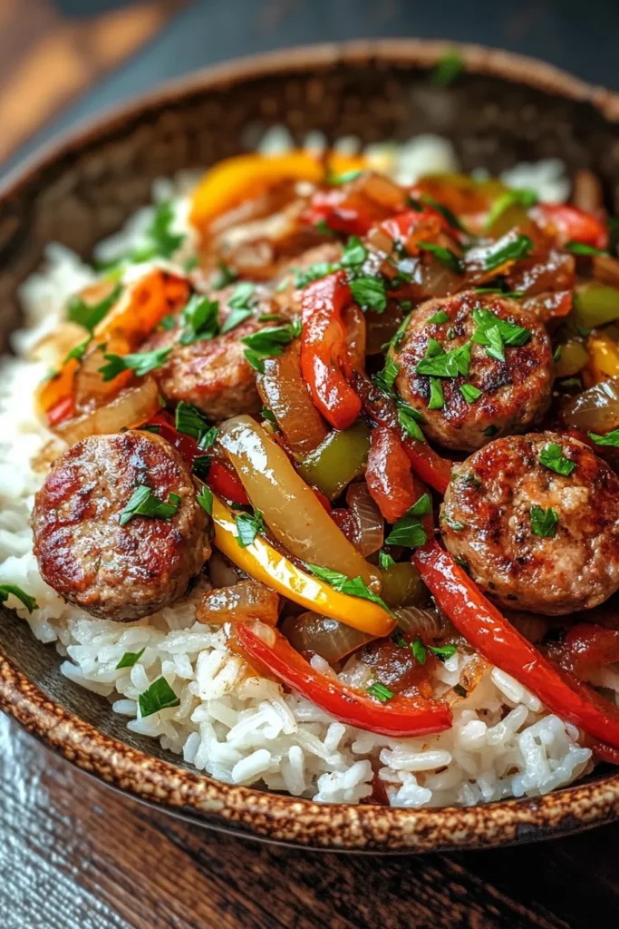 Sausage Onion and Bell Peppers over Rice