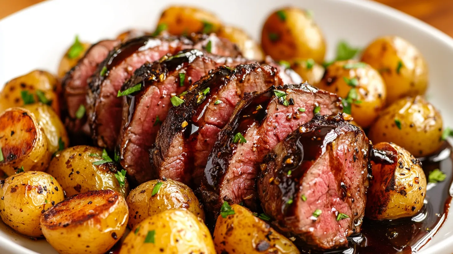 Seared Venison with Baby Potatoes and Balsamic Glaze