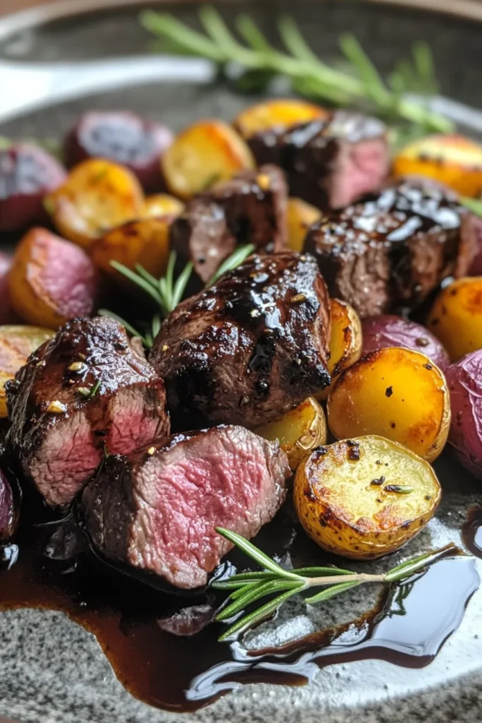 Seared Venison with Baby Potatoes and Balsamic Glaze