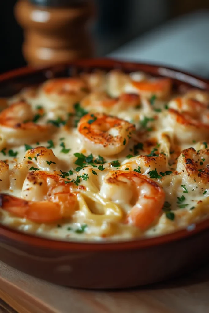 Shrimp and Tortellini Alfredo Bake with a Creamy Parmesan Sauce