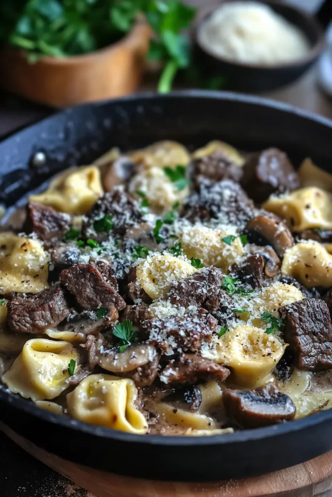 Skillet Beef Stroganoff Tortellini in Creamy Parmesan Sauce