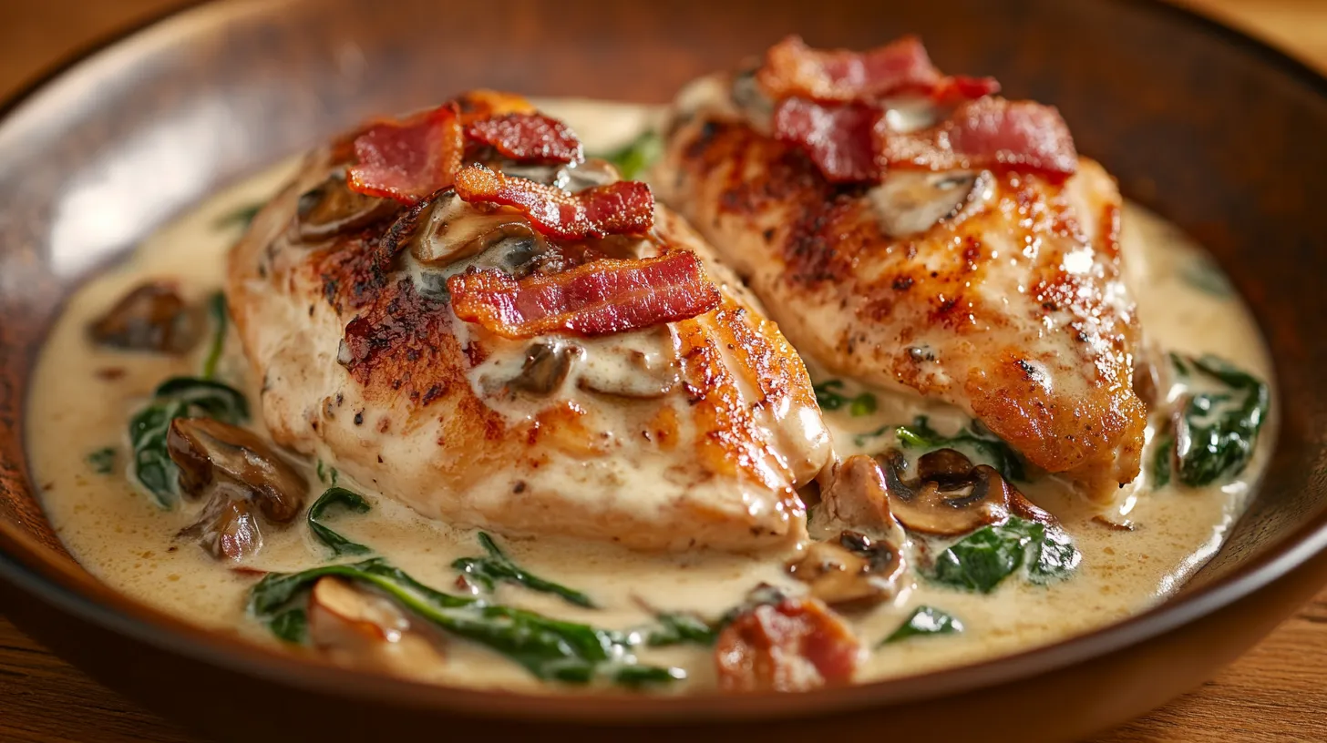 Smothered Chicken with Spinach Bacon and Mushrooms