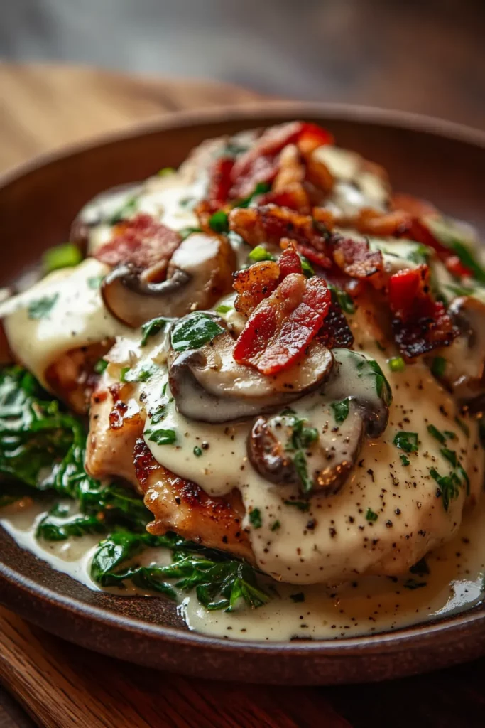 Smothered Chicken with Spinach Bacon and Mushrooms