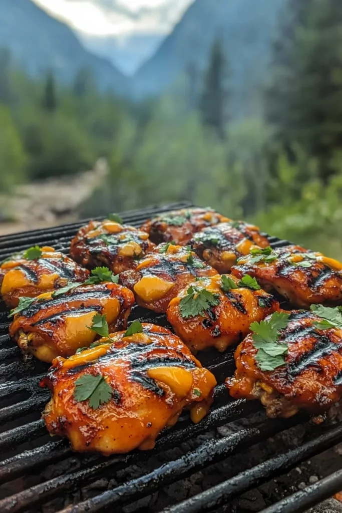 Spicy Mango Glazed BBQ Chicken Thighs with a Crispy Char