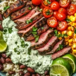 Steak with Avocado and Roasted Corn Bowl with Cilantro Cream Sauce