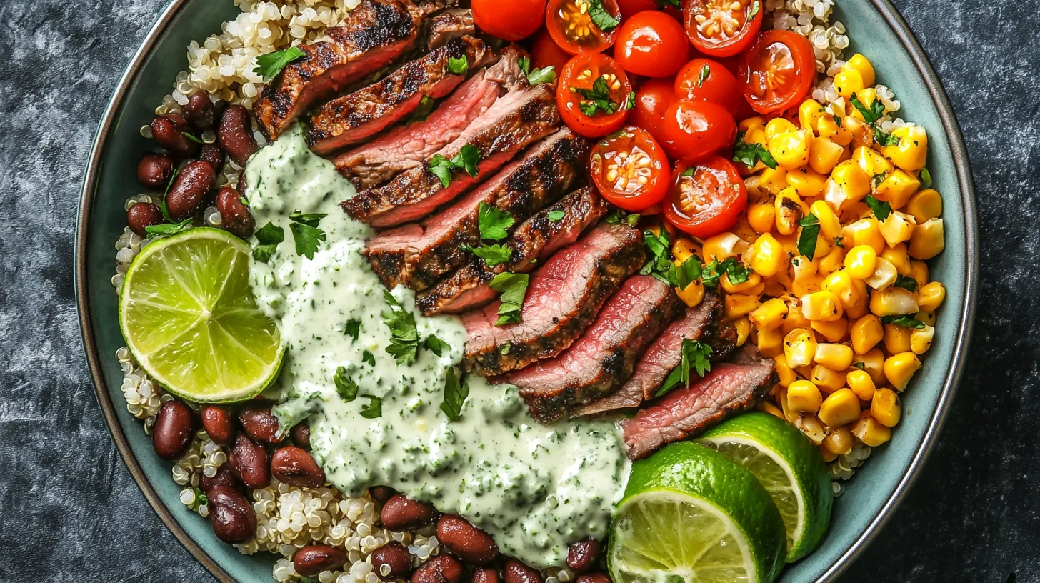 Steak with Avocado and Roasted Corn Bowl with Cilantro Cream Sauce