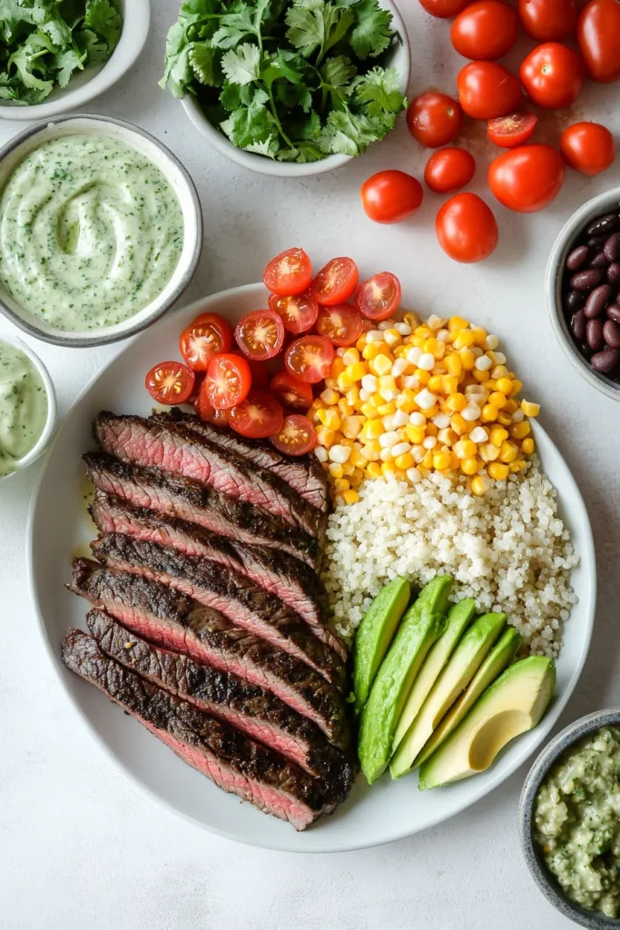 Steak with Avocado and Roasted Corn Bowl with Cilantro Cream Sauce
