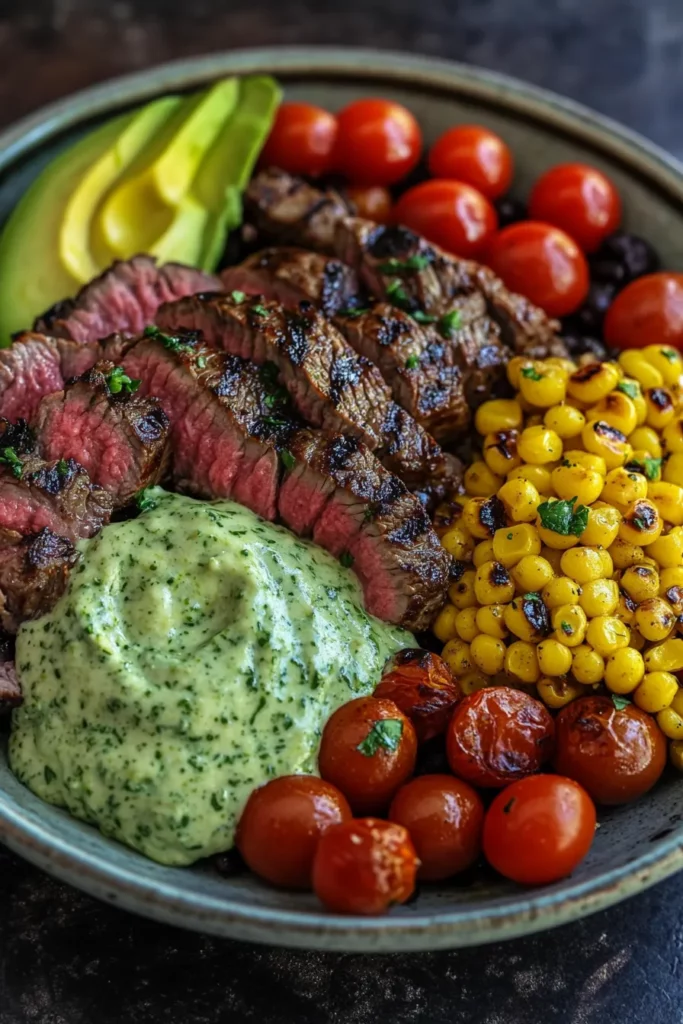 Steak with Avocado and Roasted Corn Bowl with Cilantro Cream Sauce