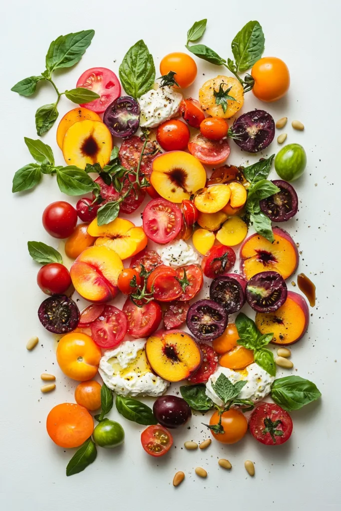 Tomato Peach and Burrata Salad