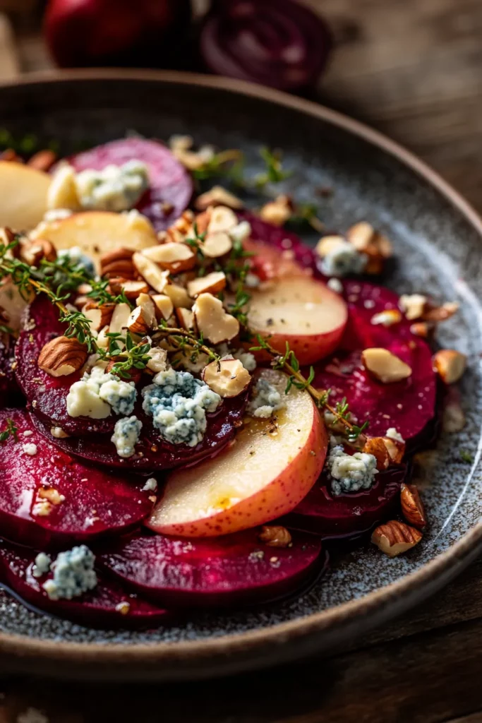 Warm Beetroot and Apple Salad with Blue Cheese and Hazelnut Dressing