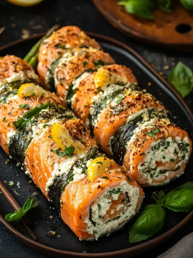 Asparagus and Lemon Basil Ricotta Stuffed Salmon Rolls