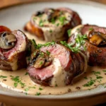 Bacon-Wrapped Venison Backstrap with Mushroom Cream Sauce