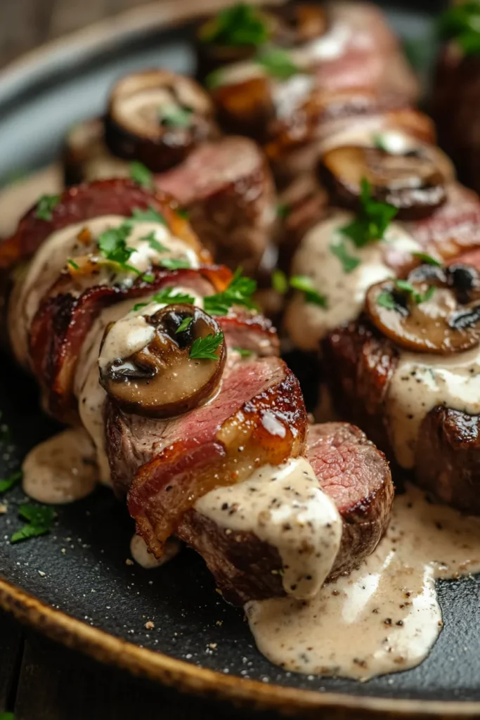 Bacon-Wrapped Venison Backstrap with Mushroom Cream Sauce